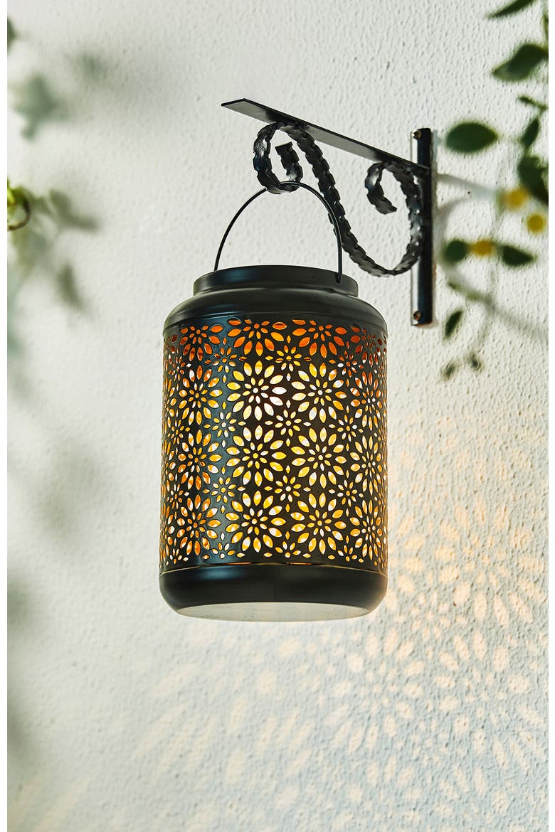 Metal Cutout Flower Solar Powered Outdoor Hanging Lantern with LED Light, Alternate, color, Black