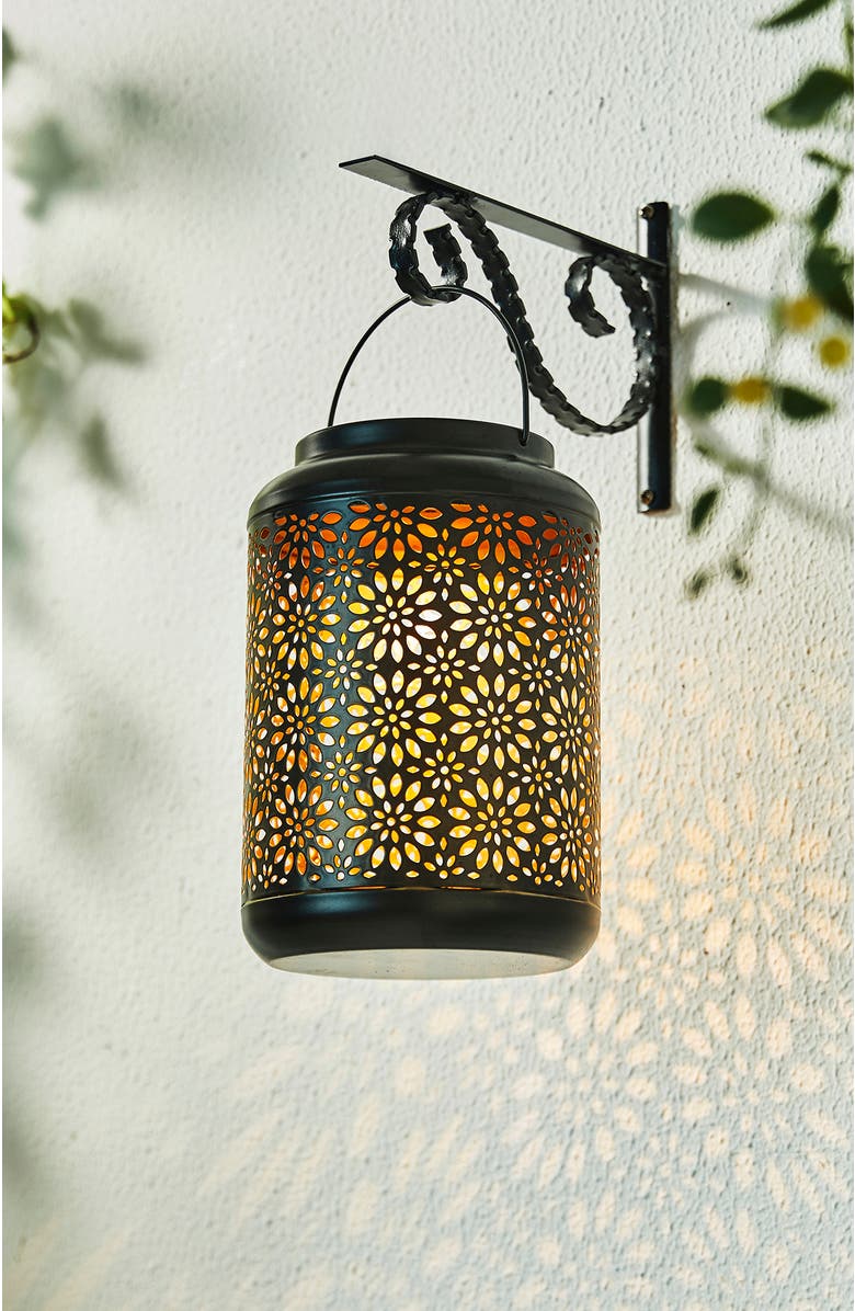Glitzhome Metal Cutout Flower Solar Powered Outdoor Hanging Lantern with LED Light, Alternate, color, Black