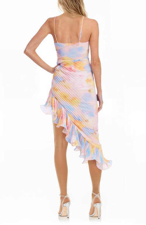 Jewel Badgley Mischka Abstract Floral Pleated Asymmetric Hem Dress In Pink Multi
