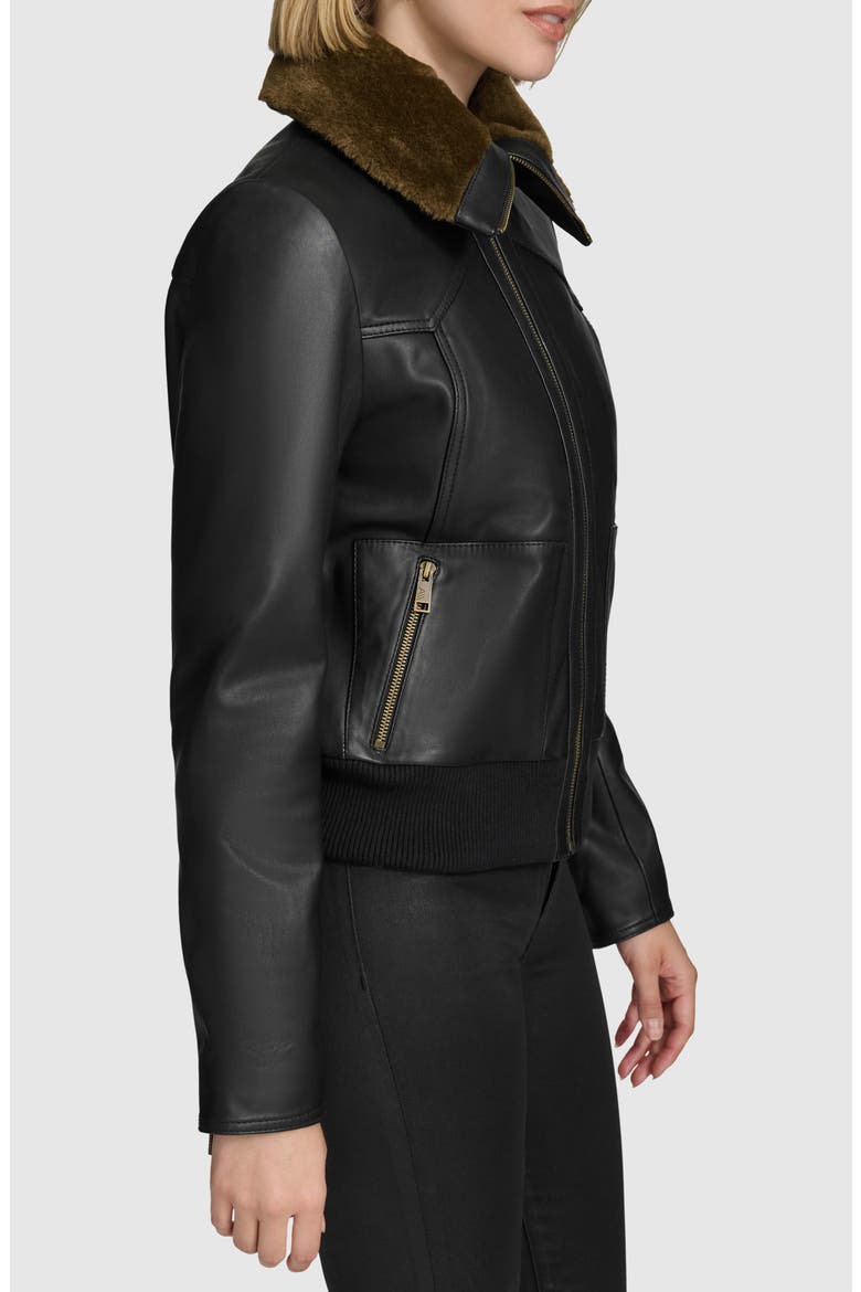 Evie Leather Jacket with Faux Fur Collar, Alternate, color, BLACK