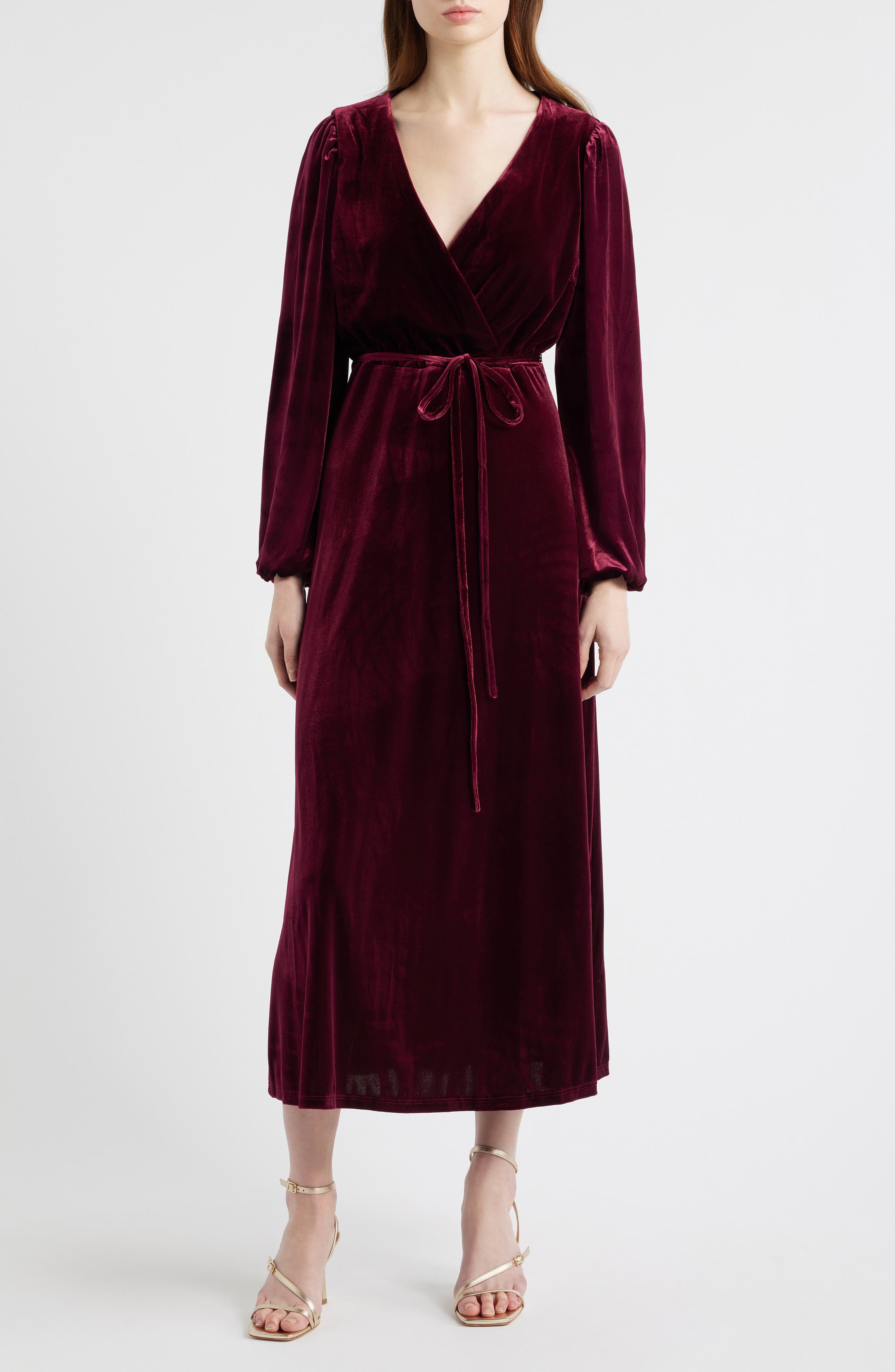 Halogen® Wrap Front Long Sleeve Velvet Maxi Dress