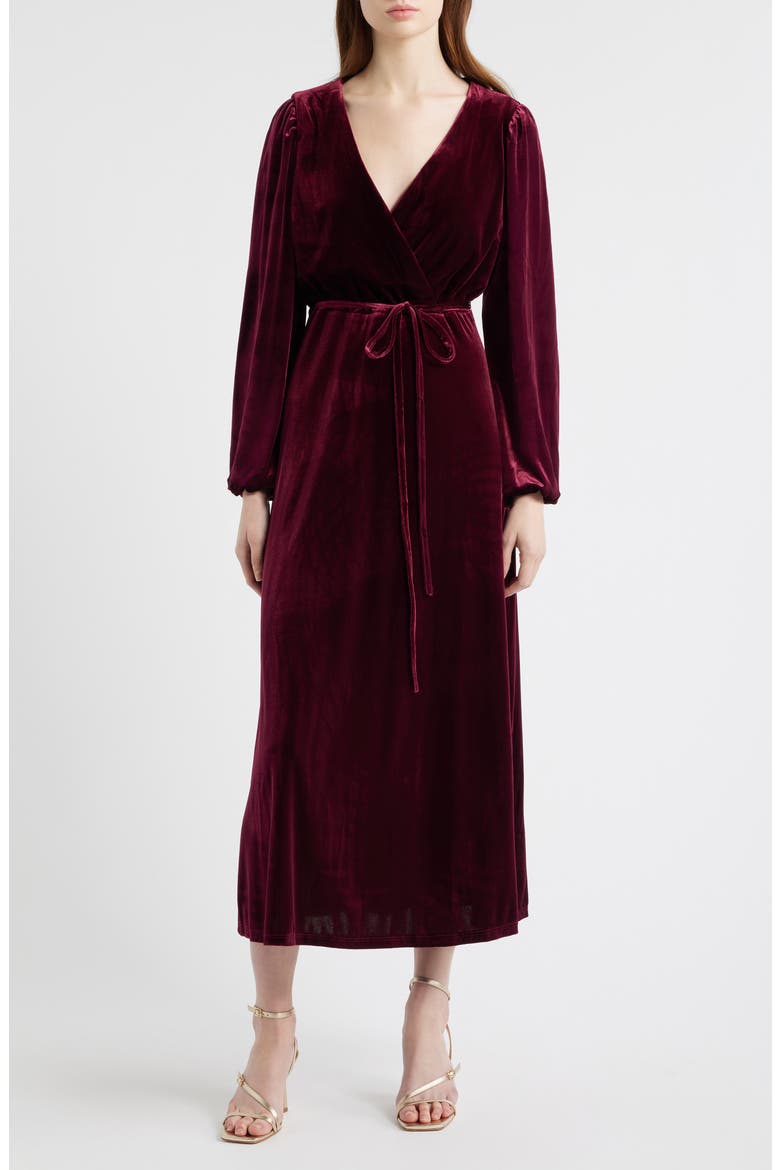 Wrap Front Long Sleeve Velvet Maxi Dress, Main, color, MERLOT