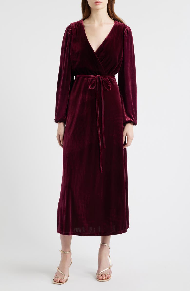 Halogen<sup>®</sup> Wrap Front Long Sleeve Velvet Maxi Dress, Main, color, Merlot