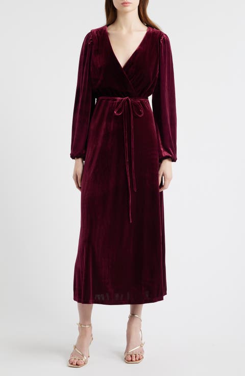 Wrap Front Long Sleeve Velvet Maxi Dress