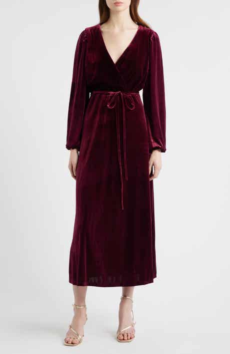Halogen® Wrap Front Long Sleeve Velvet Maxi Dress