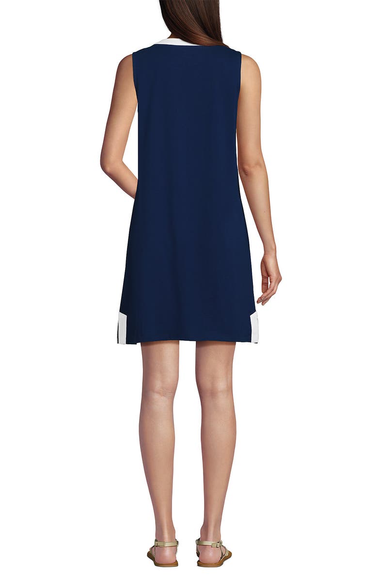 Lands' End Cotton Jersey Notch Neck Dress with Soutache, Alternate, color, Deep Sea Navy/White
