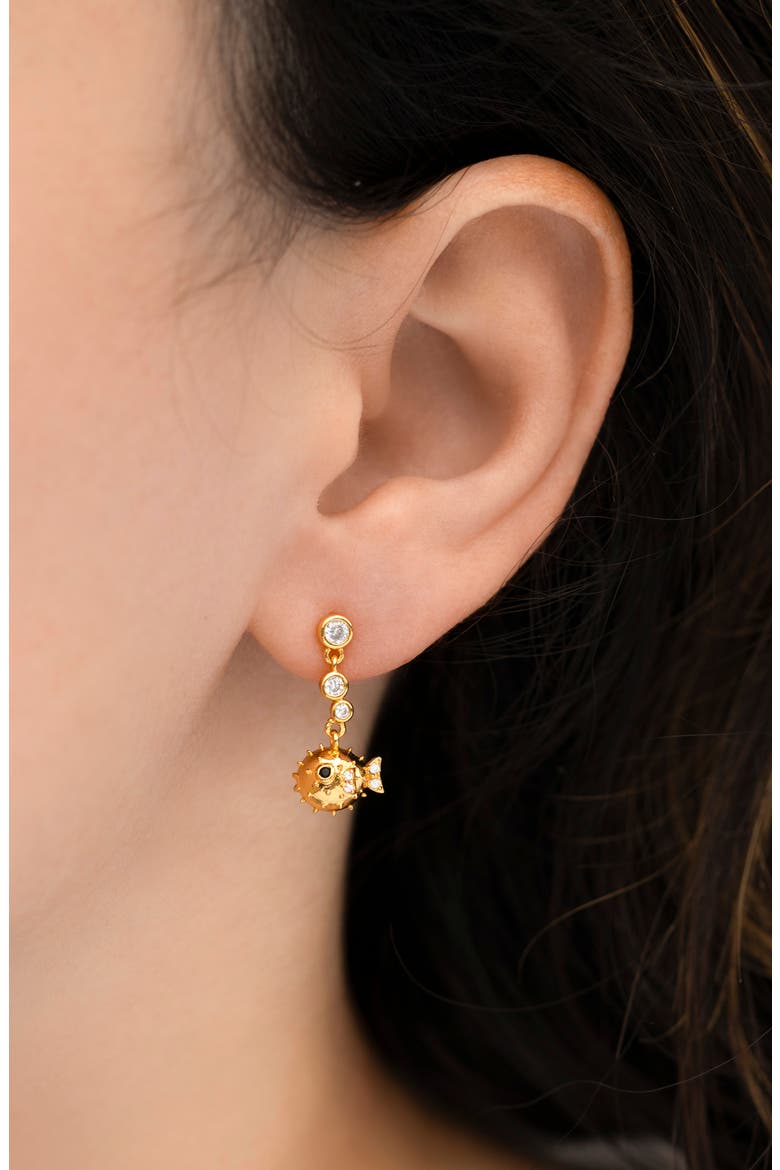 Pufferfish Cubic Zirconia Dangle Earrings, Alternate, color, GOLD