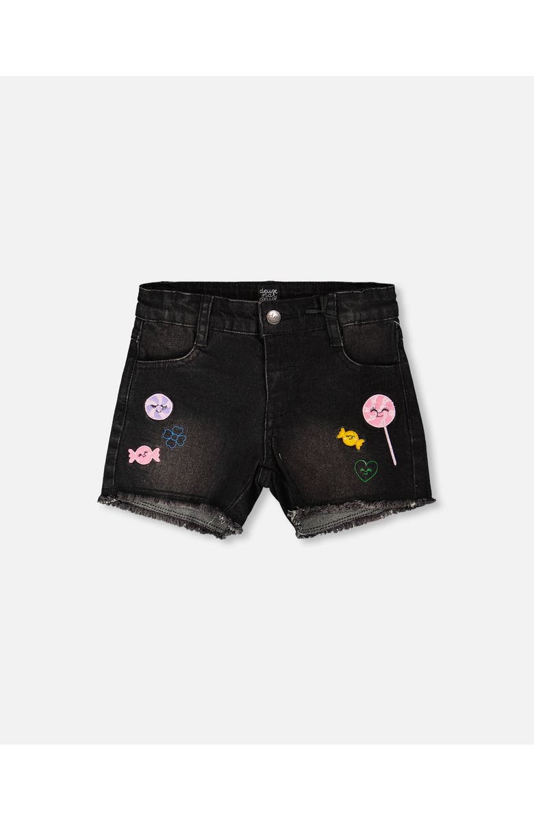 Deux par Deux Candy and Lollipop Embroidery Denim Shorts, Main, color, Black Denim