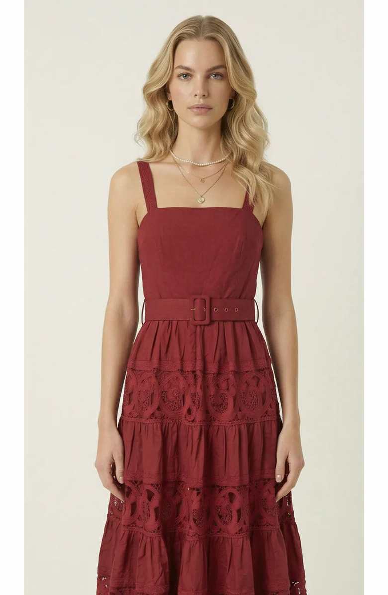 Modenaire Belted Tiered Lace Midi Dress, Alternate, color, Burgundy