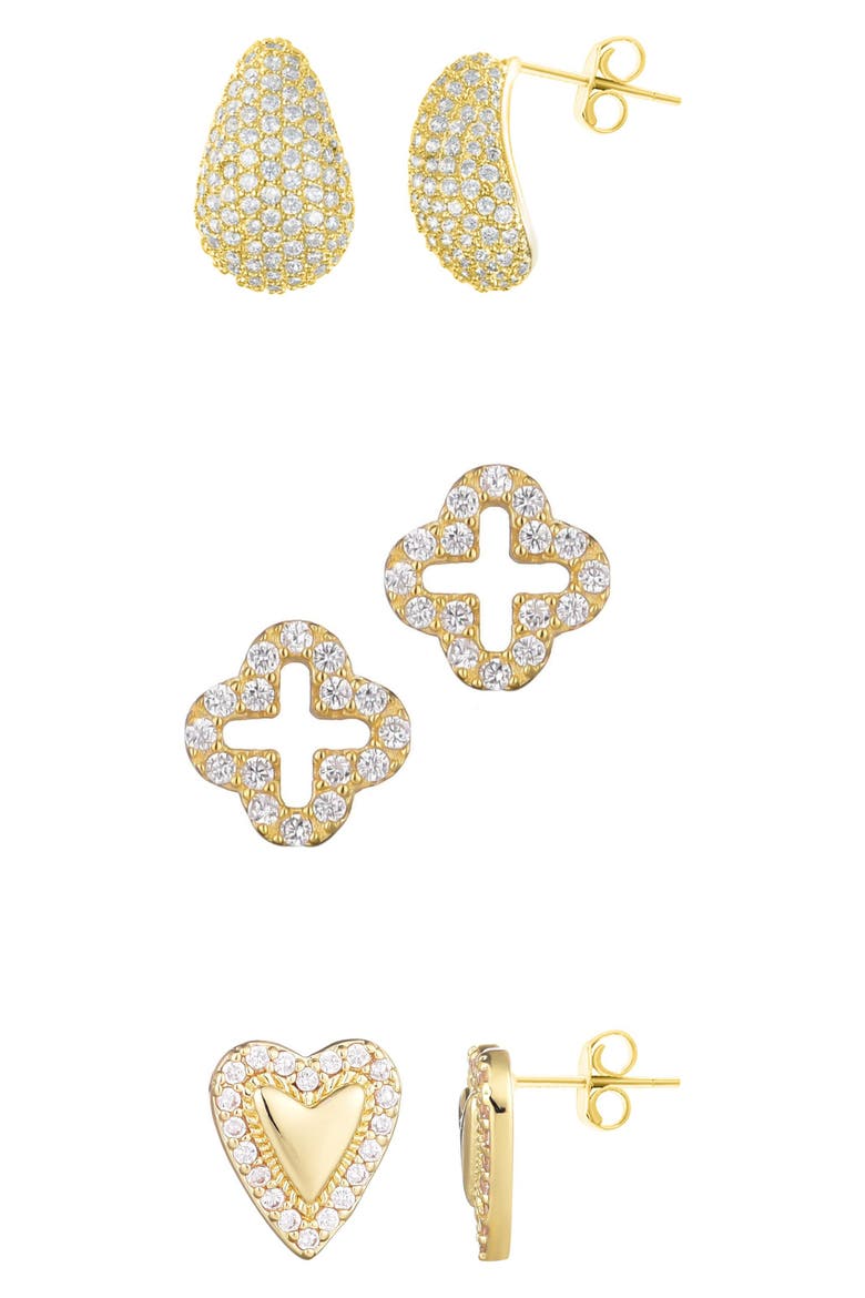 Set of 3 Pavé Teardrop, Open Clover & Heart Stud Earrings, Main, color, GOLD
