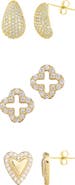 Adornia Set of 3 Pavé Teardrop, Open Clover & Heart Stud Earrings