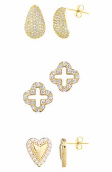 Adornia Set of 3 Pavé Teardrop, Open Clover & Heart Stud Earrings