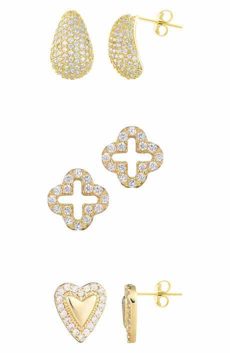 Adornia Set of 3 Pavé Teardrop, Open Clover & Heart Stud Earrings
