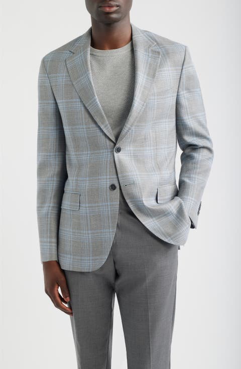 Hyperlight Soft Grey Plaid Slub Wool & Silk Blend Sport Coat (Regular & Big)