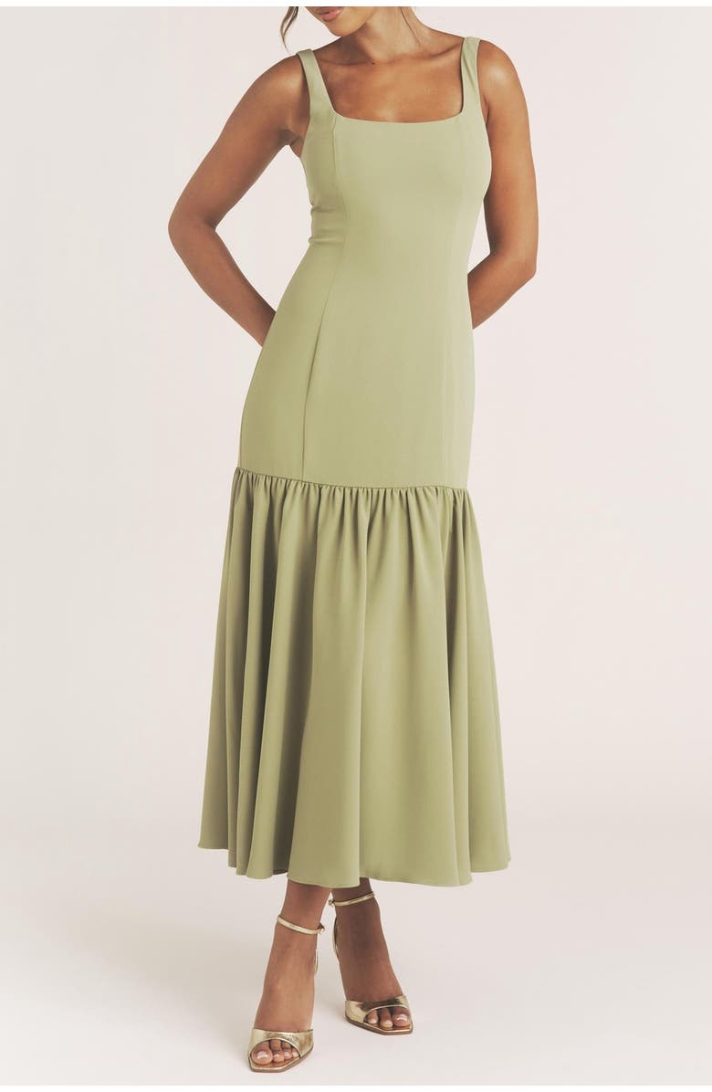 Six Stories Square Neck Drop Hem Midi Dress, Alternate, color, Sage