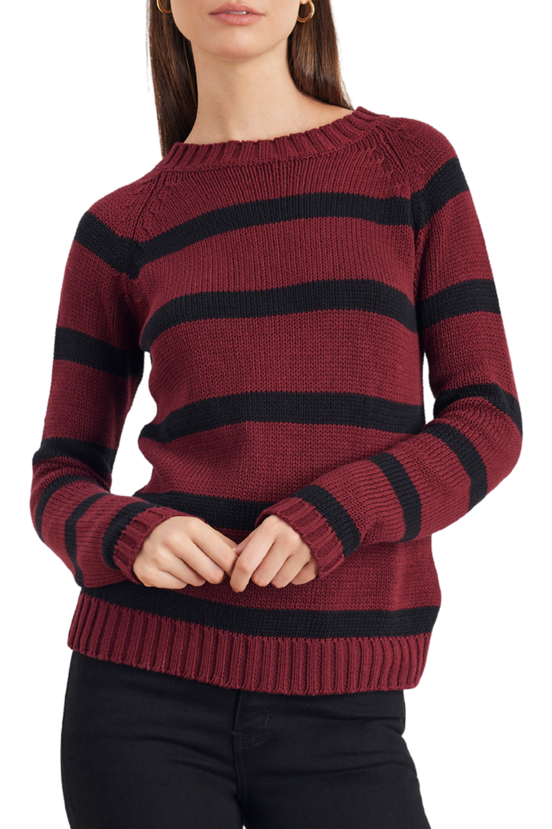 Sloane Stripe Cotton Crewneck Sweater, Main, color, Burgundy/ Black