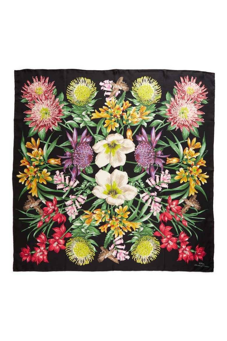 Blooms of Oceania Silk Square Scarf, Alternate, color, BLACK
