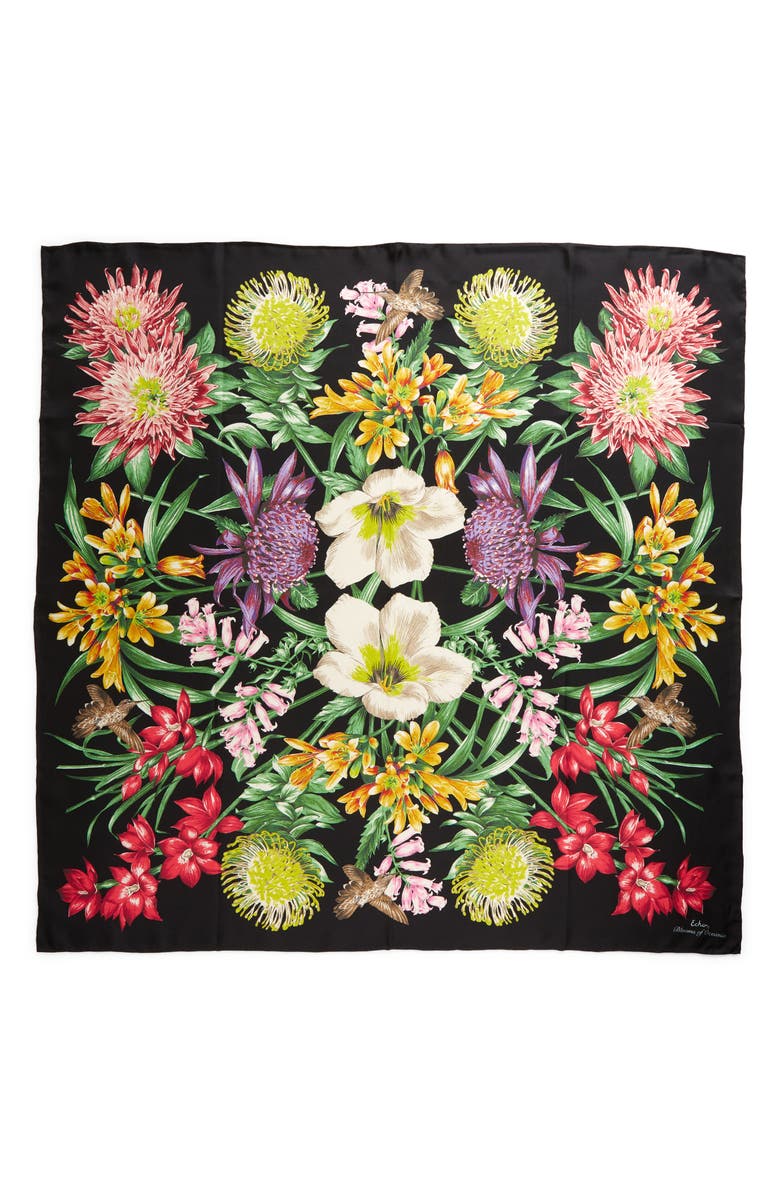 Echo Blooms of Oceania Silk Square Scarf, Alternate, color, Black