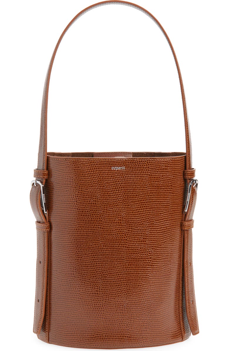 Coperni Ergonomic Lizard Print Leather Bucket Bag, Main, color, Brown Camel