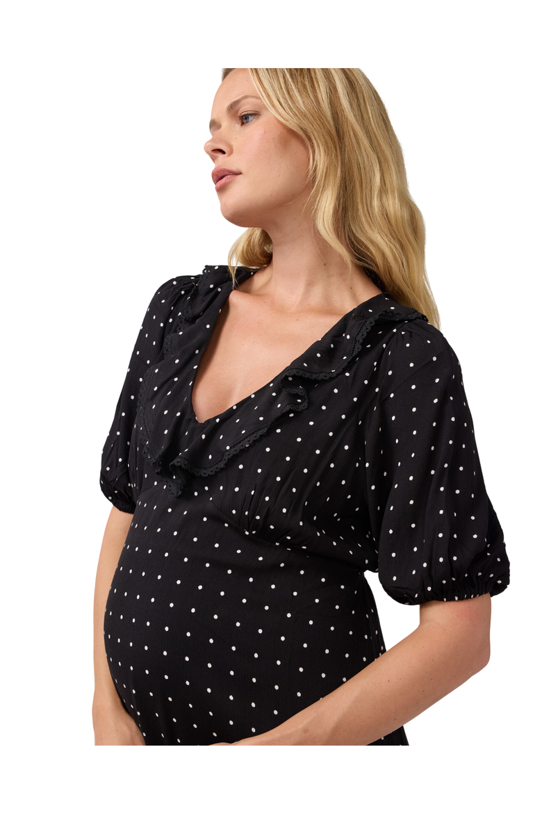 Ruffle V-Neck Maternity Midi Dress, Alternate, color, Black/White Dot