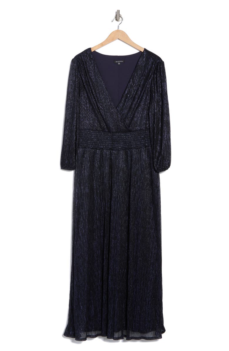Marina Metallic Blouson Sleeve Dress, Alternate, color, Navy