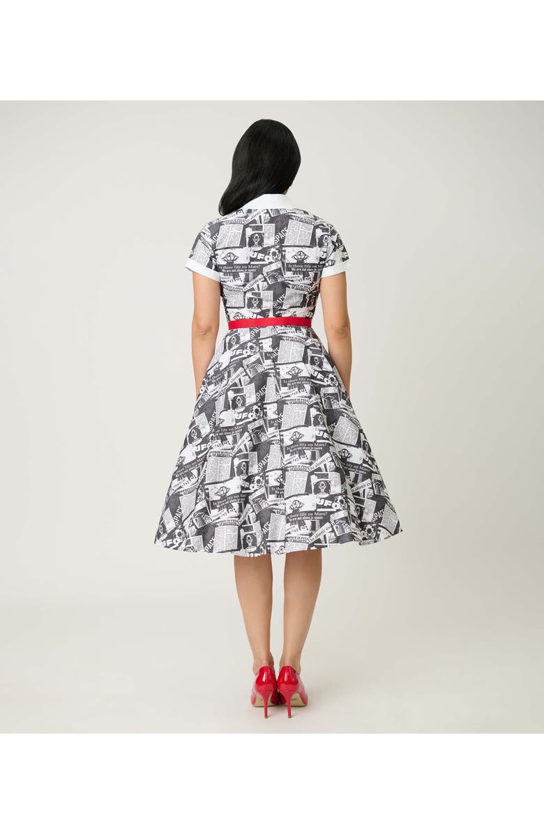 Unique Vintage Collared Short Sleeved Belted Alexis Swing Dress, Alternate, color, Black & White Newspaper Print