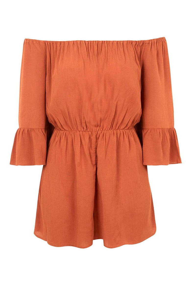 Crinkly Off the Shoulder Romper, Alternate, color, RUST