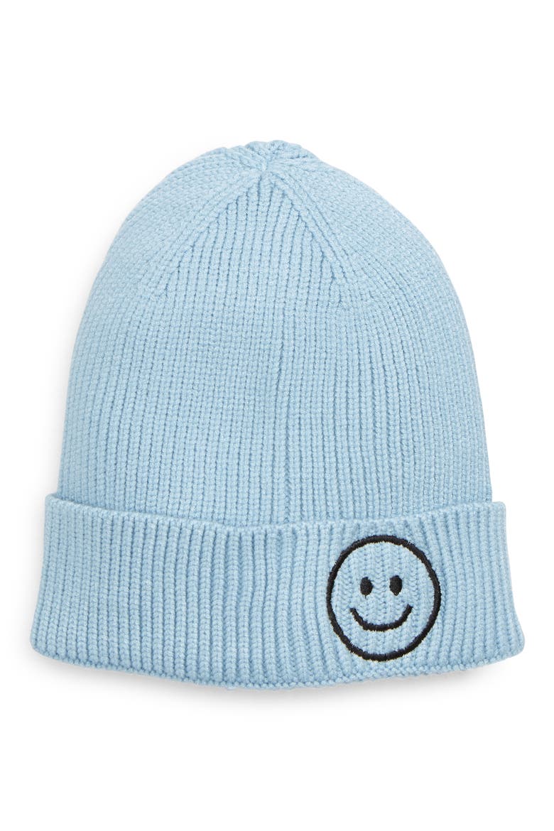 Embroidered Smiley Beanie, Main, color, BABY BLUE