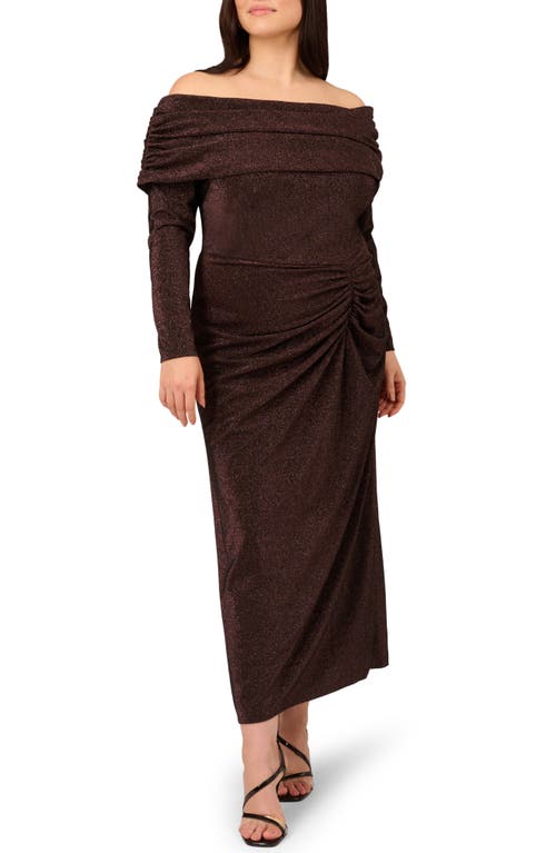Adrianna Papell Metalllic Knit Off The Shoulder Long Sleeve Gown In Brown