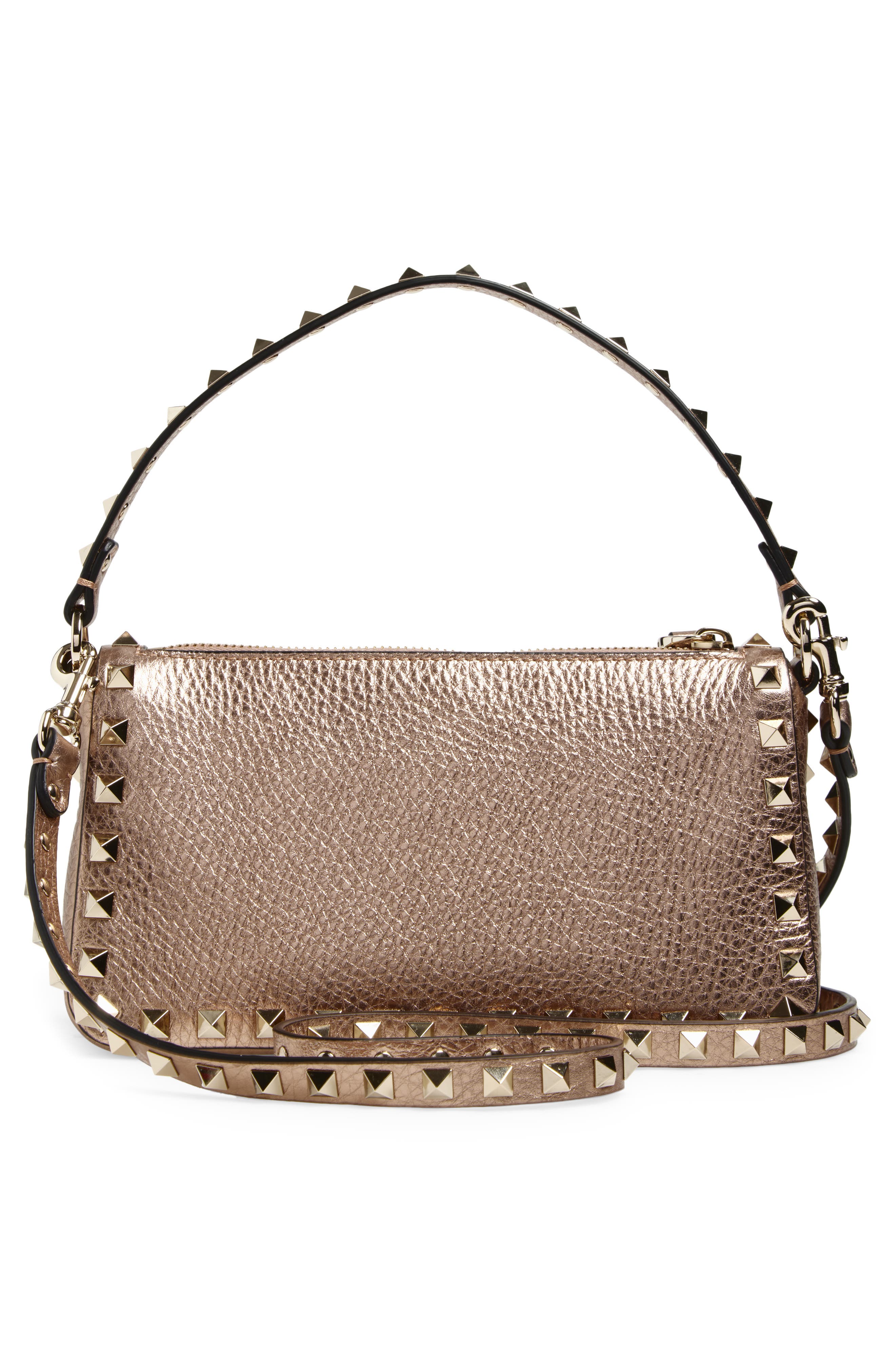 Valentino Garavani Small Rockstud Grained Metallic Leather Shoulder Bag, Alternate, color, Rose