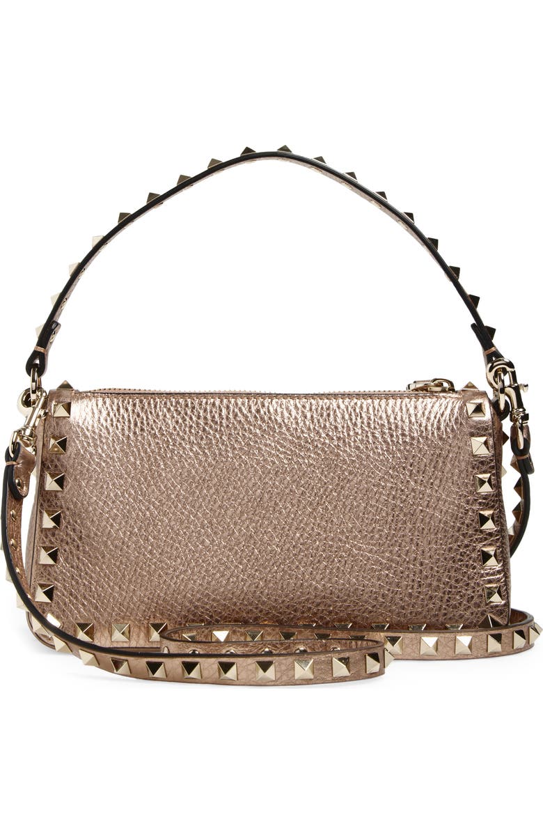 Valentino Garavani Small Rockstud Grained Metallic Leather Shoulder Bag, Alternate, color, Rose