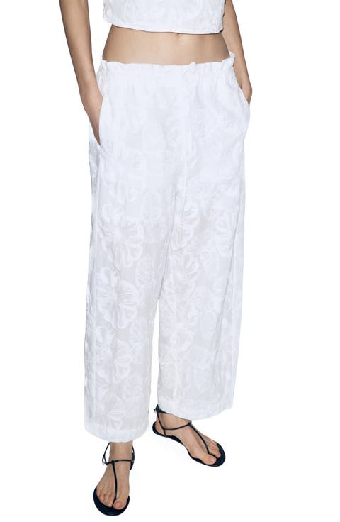 Floral Jacquard Cotton Drawstring Ankle Pants
