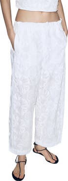 MANGO Floral Jacquard Cotton Drawstring Ankle Pants