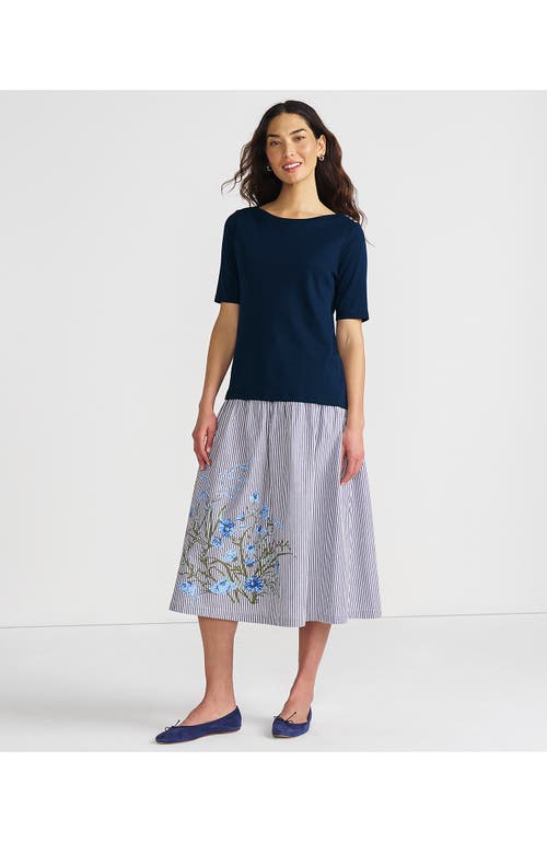 Lands' End Poplin Drop Waist Midi Skirt In Navy Striped Placed Floral