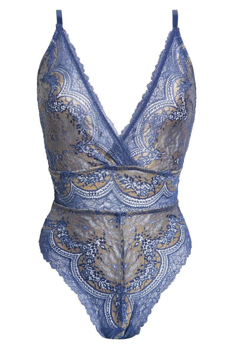 Plunge Lace Teddy, Alternate, color, DENIM BRASS
