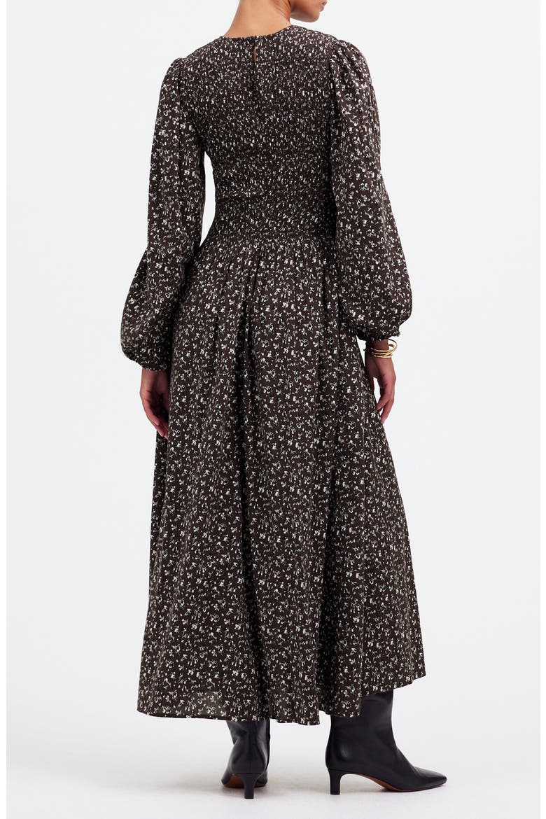 Selena Long Sleeve Smock Bodice Cotton Blend Midi Dress, Alternate, color, DARK CAROB