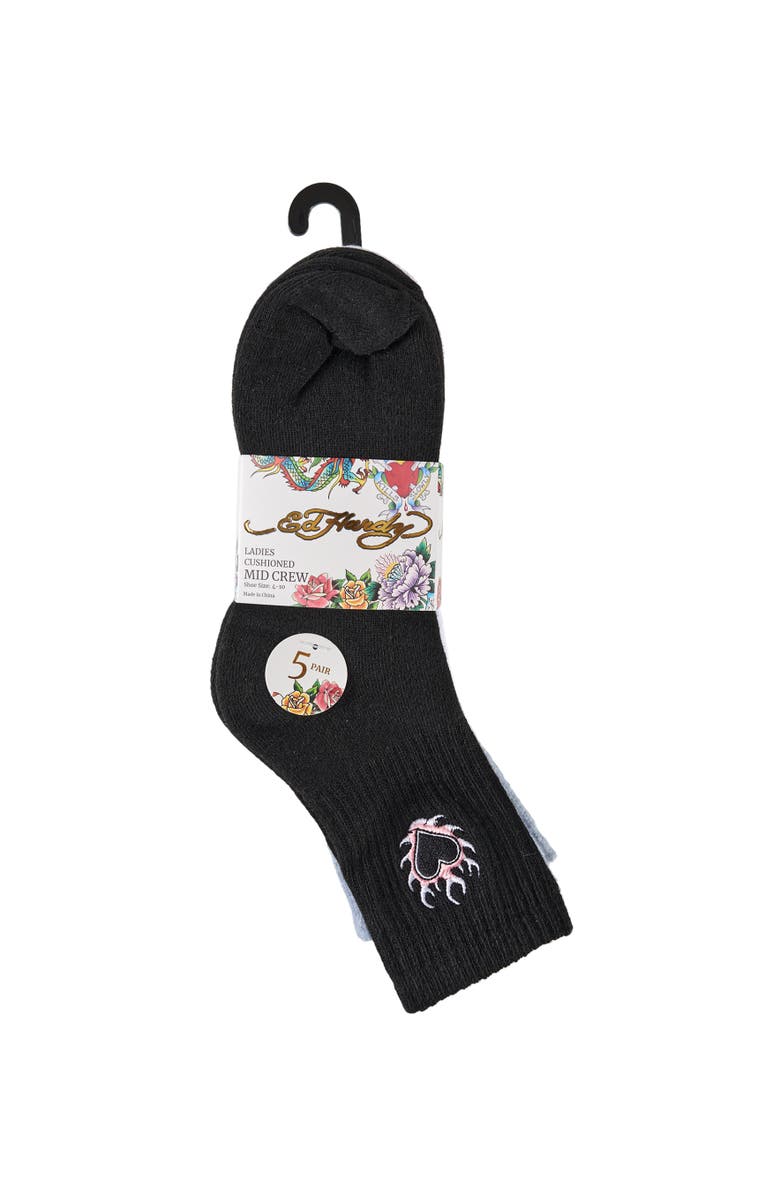 Ed Hardy Womens Heart Skull Embroidery Half Cushion Mid Crew Sock 5-Pack, Alternate, color, Black White Grey