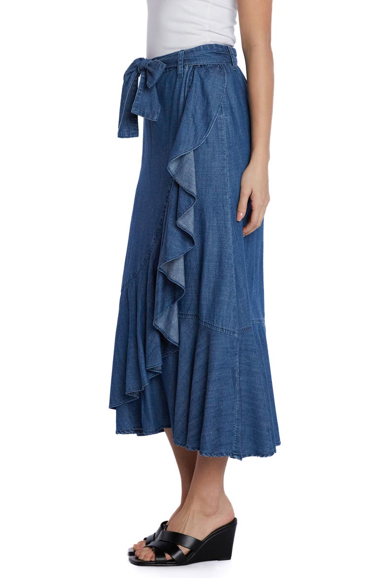 Ruffle Faux Wrap Denim Midi Skirt, Alternate, color, DEEP SEA BLUE