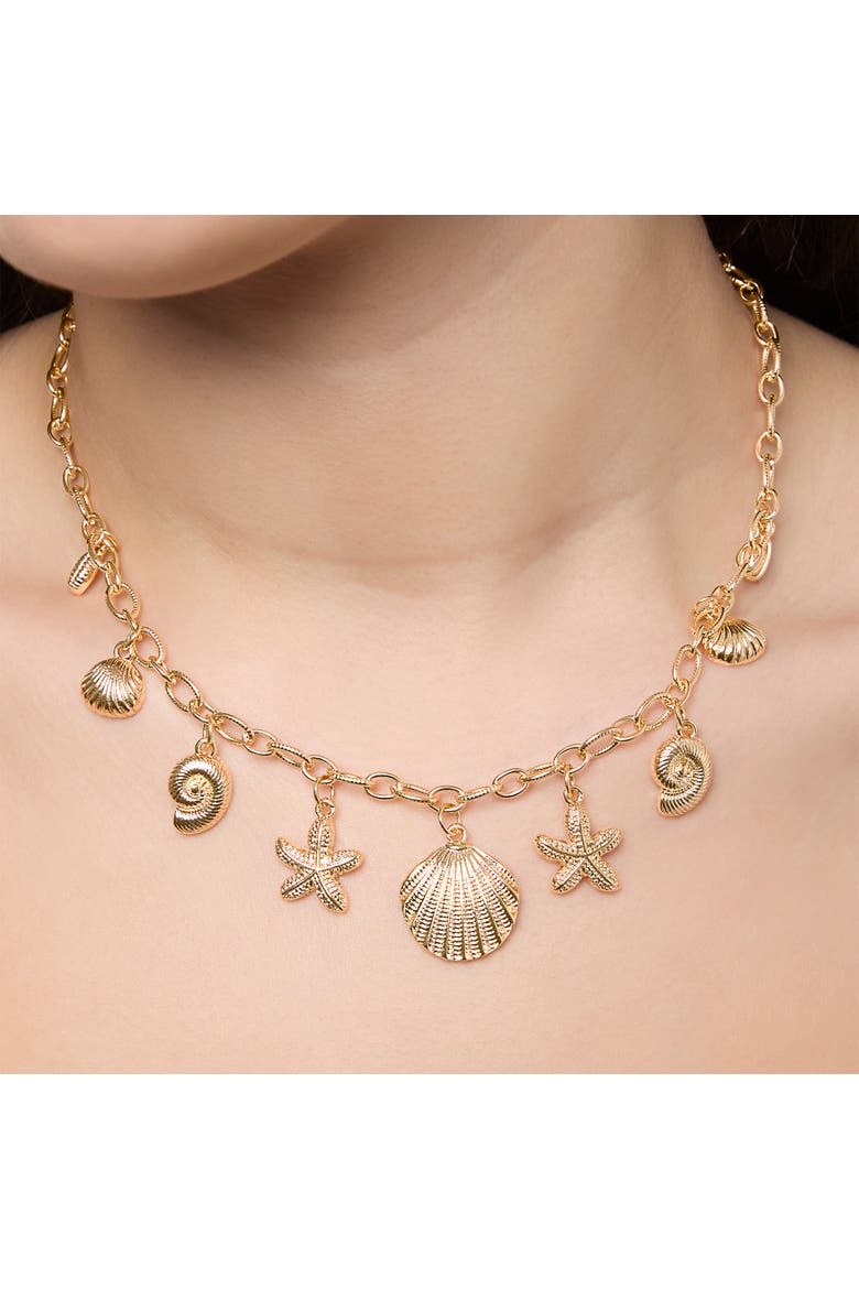 Ocean Charms Necklace for Women, 16"+3" Gold-Tone Chunky Necklace with 9 Charms, Alternate, color, Gold