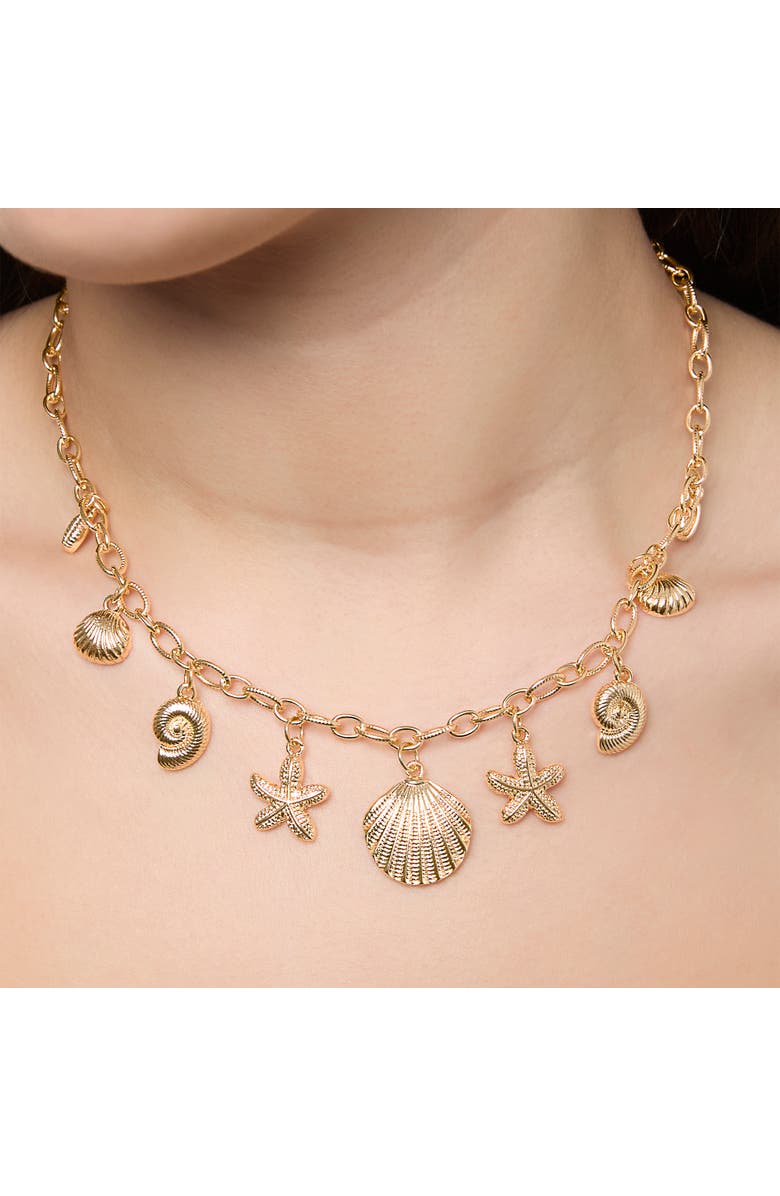 Jessica Simpson Ocean Charms Necklace for Women, 16"+3" Gold-Tone Chunky Necklace with 9 Charms, Alternate, color, Gold