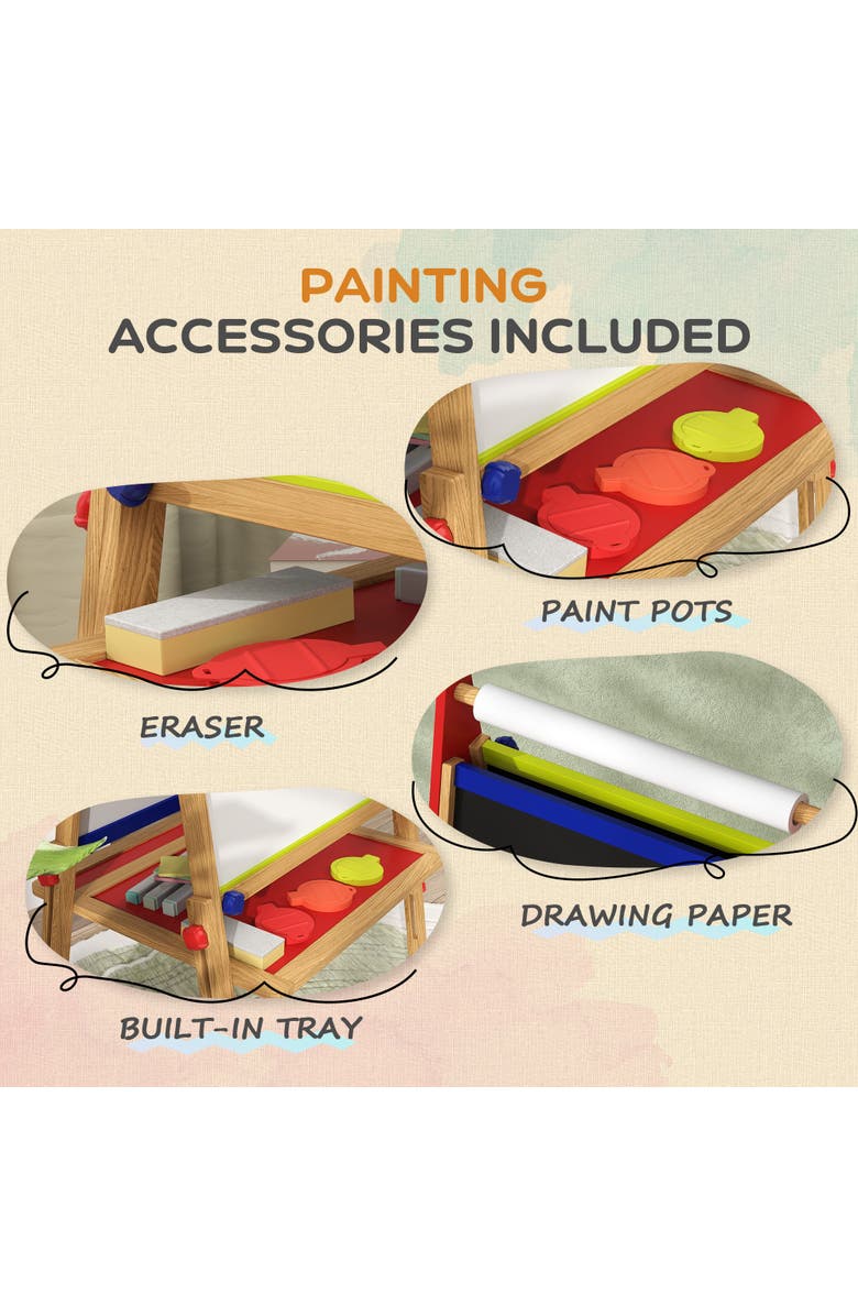 Qaba Kids 3-in-1 Art Easel with Paper Roll, Whiteboard, Chalkboard, Alternate, color, Natural Wood