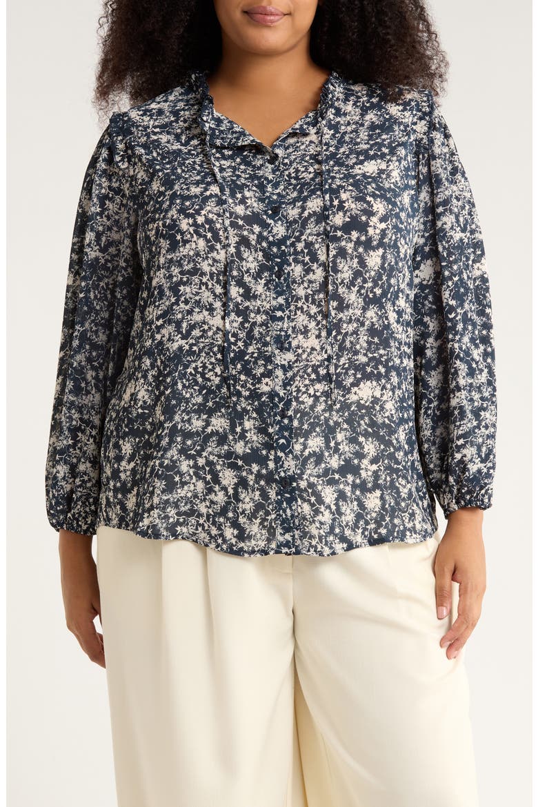 Ruffle Neck Woven Button-Up Shirt, Main, color, MIDNIGHT GARDEN