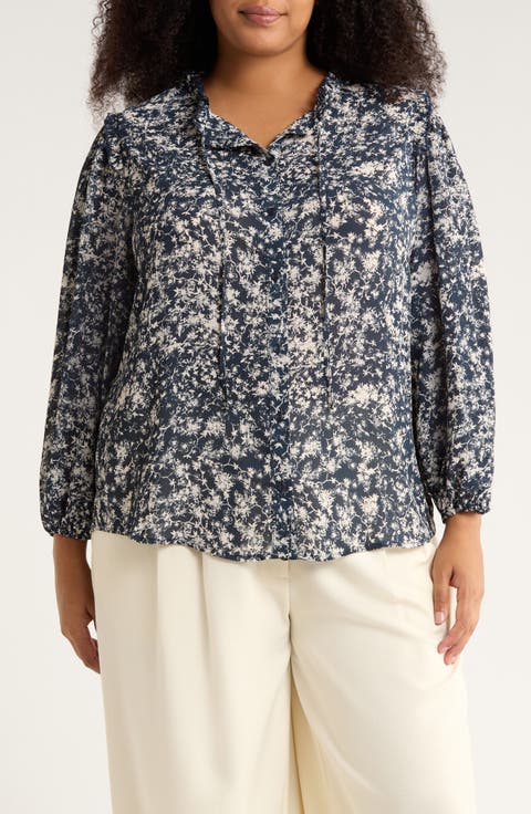 Ruffle Neck Woven Button-Up Shirt (Plus)