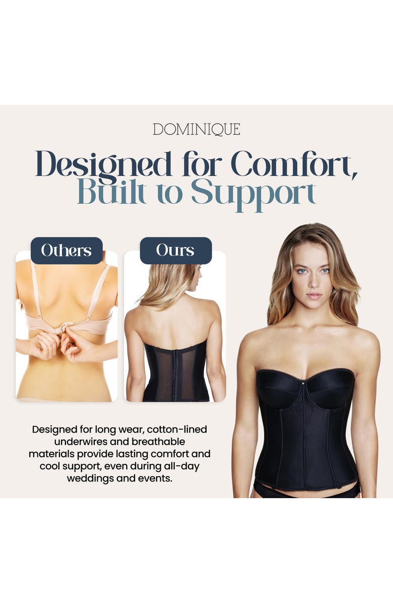 Dominique Intimates Juliette Satin Low Back Convertible Strapless Corset Longline Bra, Alternate, color, Black