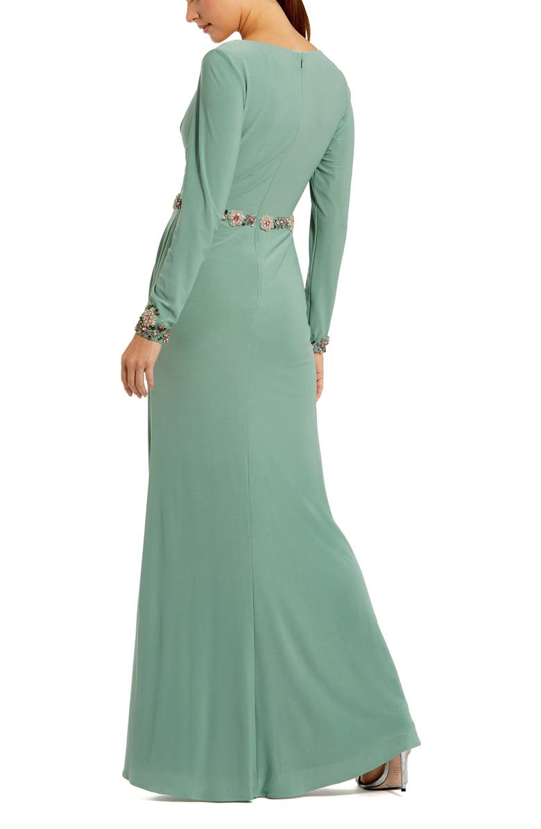 Mac Duggal Jersey Long Sleeve V Neck Gown With Beaded Belt, Alternate, color, Sage