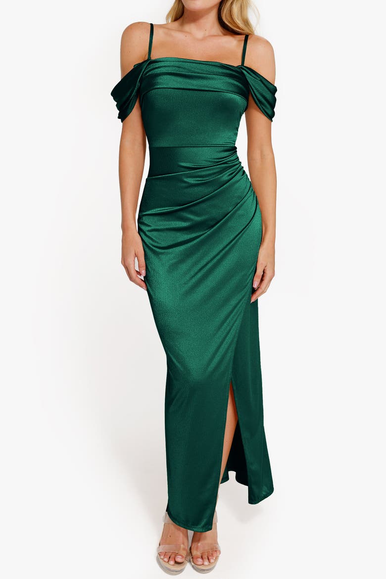 Liquid Metallic Fabric Off Shoulder Shine Ruched Sculpting Maxi Shapewear Dress, Alternate, color, Pine