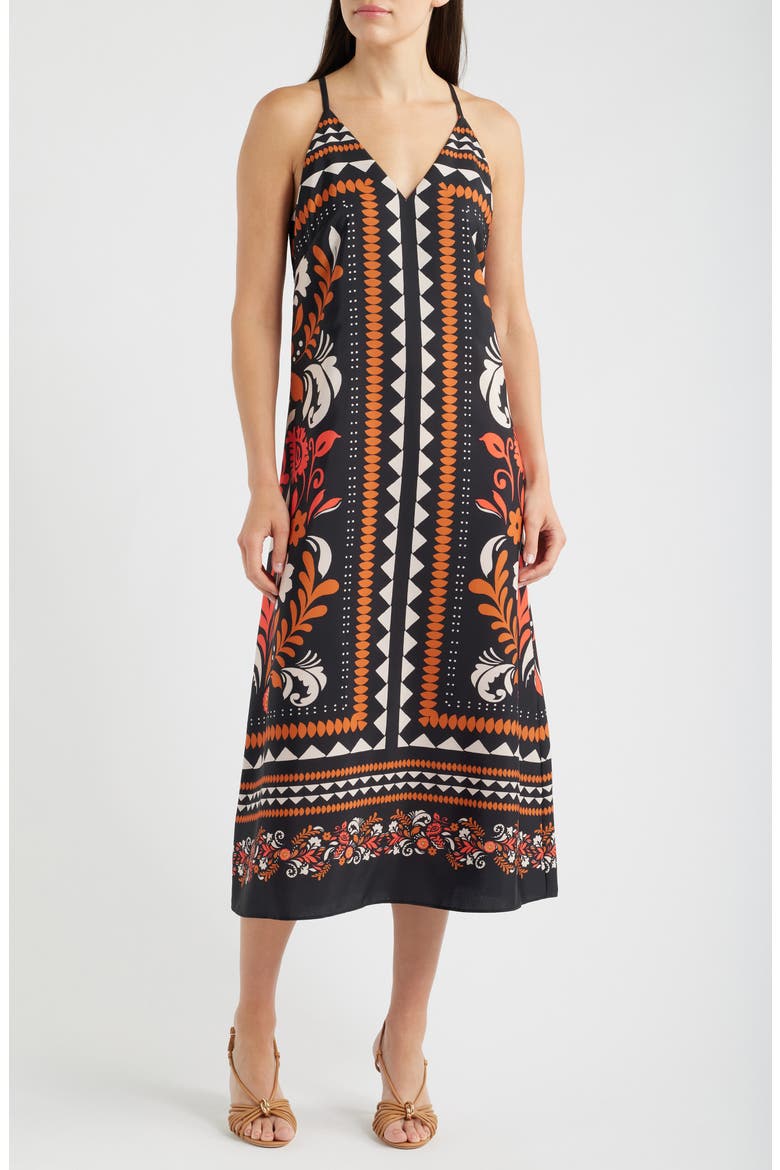 Print Tie Back Sleeveless Midi Dress, Main, color, BLK COGNAC