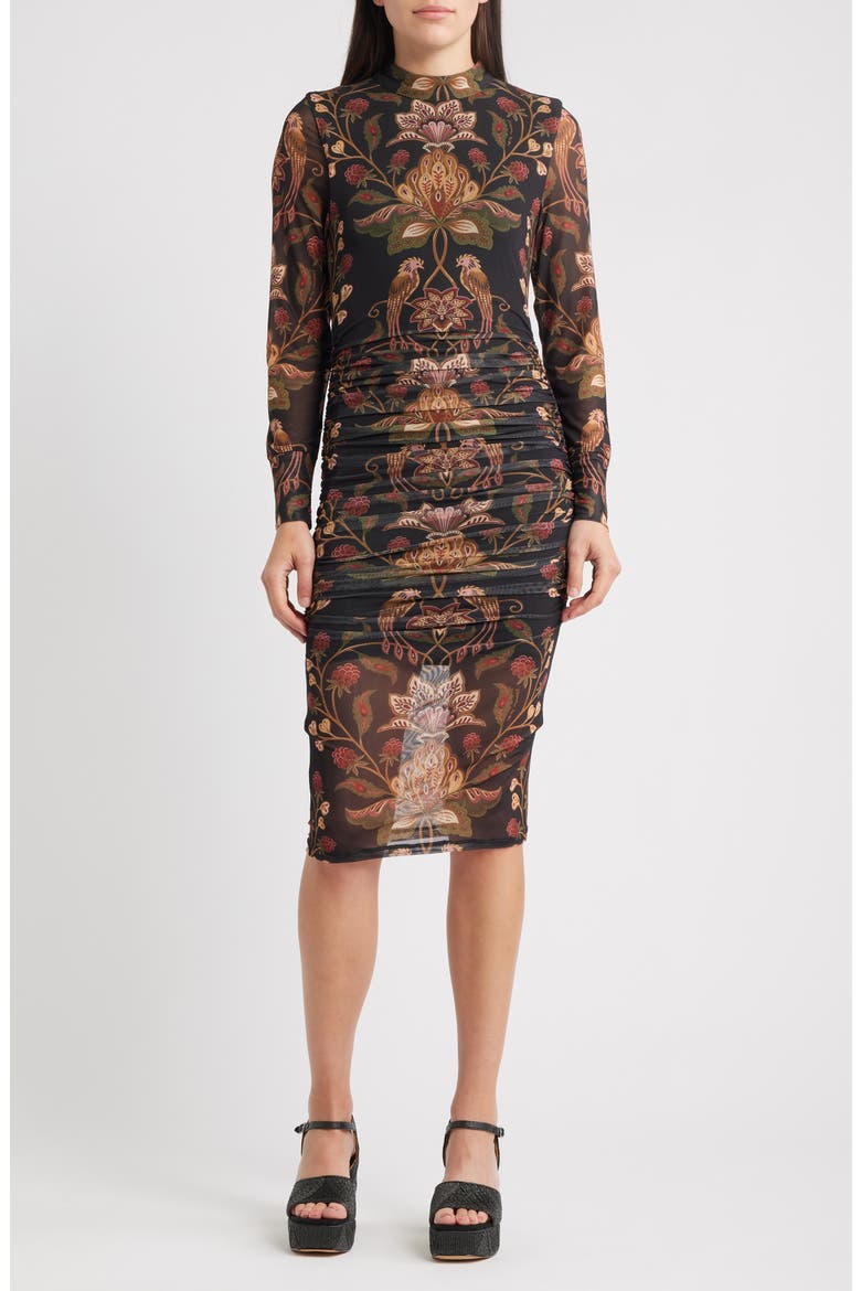 Berry Garden Long Sleeve Ruched Dress, Main, color, BLACK