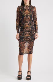 FARM Rio Berry Garden Long Sleeve Ruched Dress