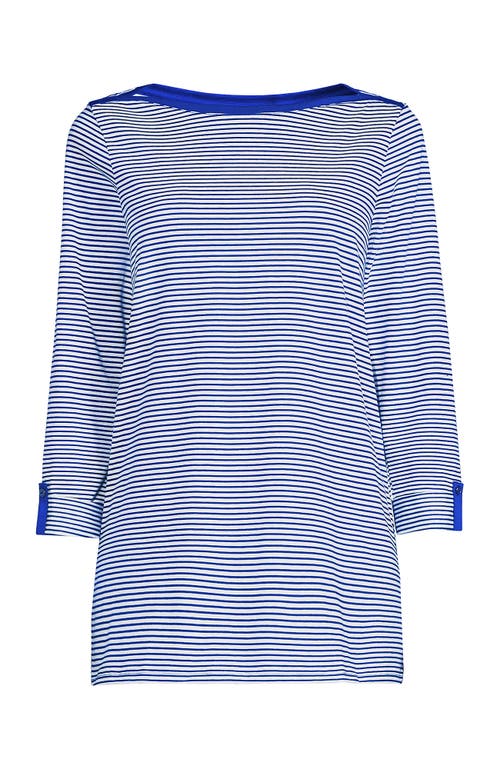 Lands' End Plus Size Supima Cotton Adjustable 3/4 Sleeve Boatneck Tunic In Cobalt/ivory Micro Stripe